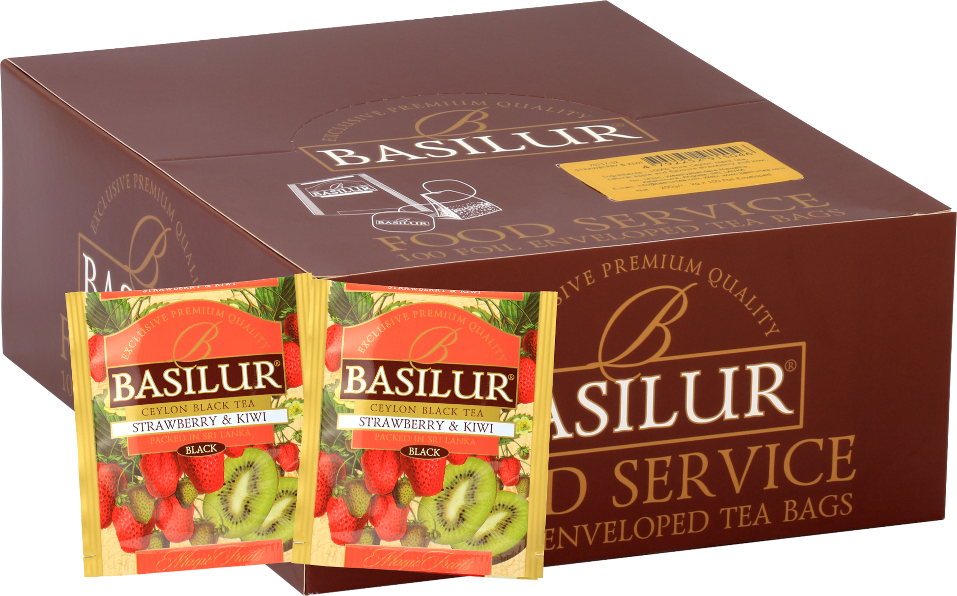 Opakowanie herbaty Basilur Strawberry & Kiwi z widocznymi saszetkami czarnej herbaty owocowej z truskawką i kiwi.