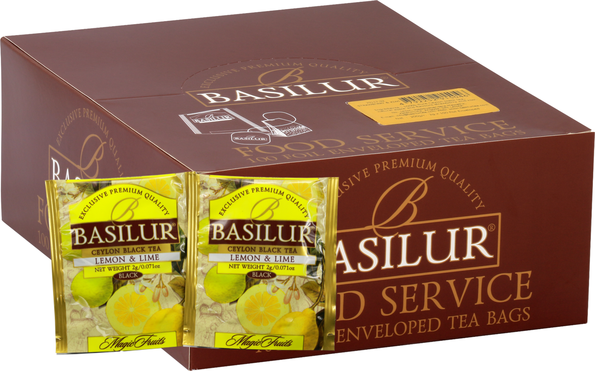 Opakowanie herbaty Basilur Lemon & Lime z widocznymi saszetkami czarnej herbaty z cytryną i limonką.