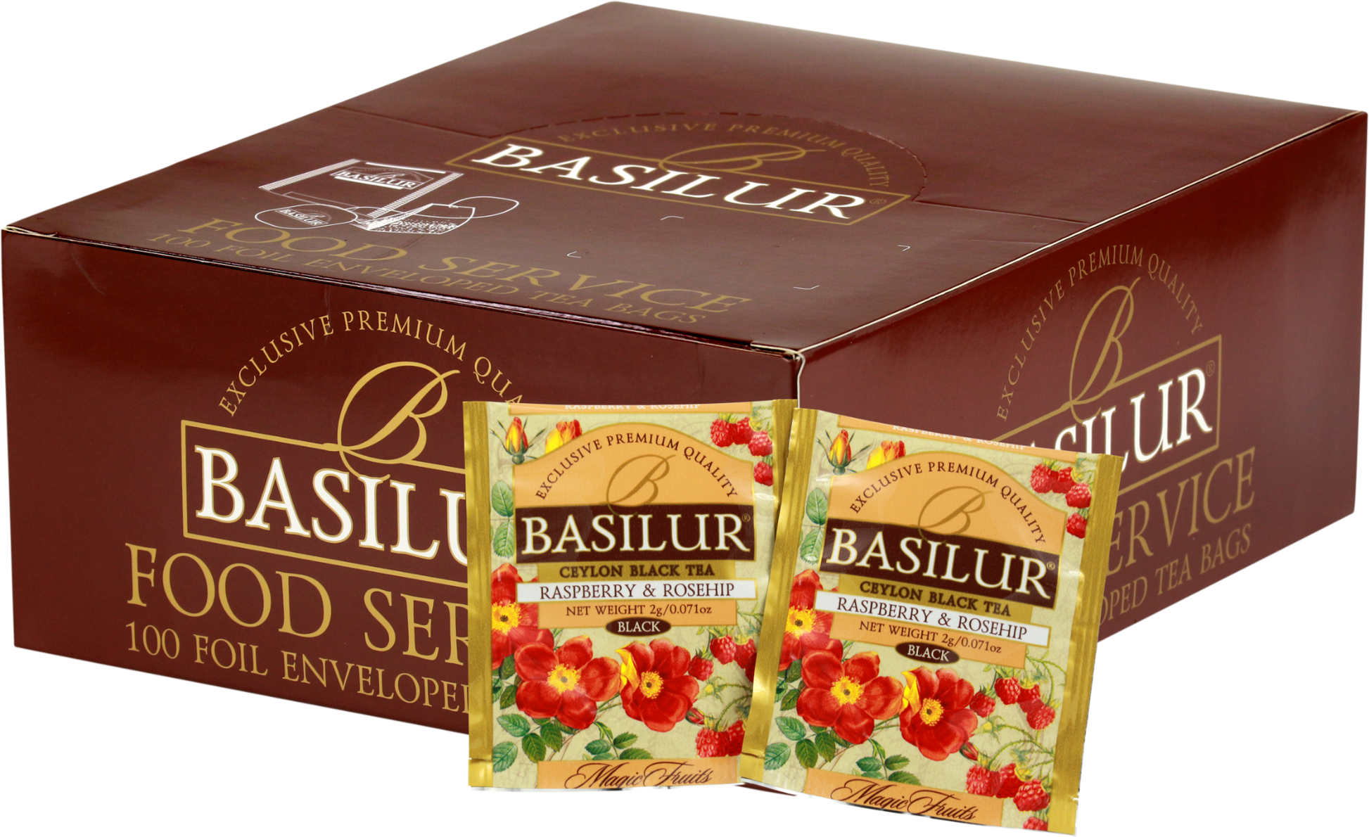 Opakowanie herbaty Basilur Raspberry & Rosehip z widocznymi saszetkami czarnej herbaty owocowej z maliną i dziką różą.