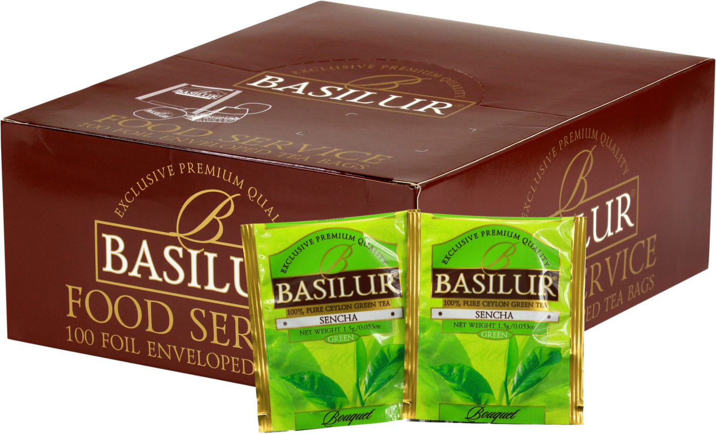 Opakowanie herbaty Basilur Sencha z widocznymi saszetkami zielonej herbaty cejlońskiej inspirowanej japońskim stylem.