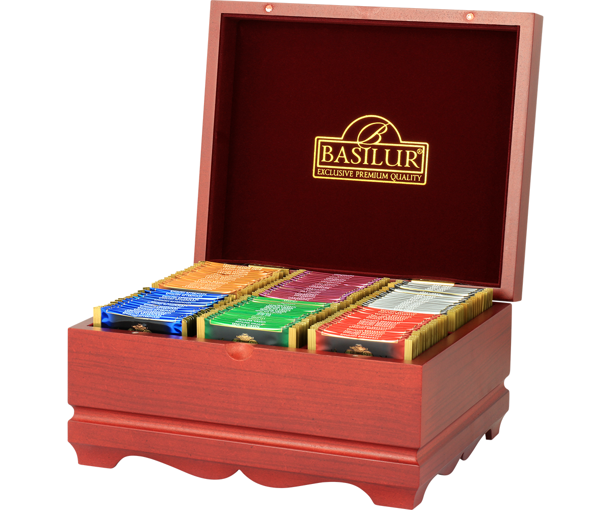 Otwarta szkatułka Basilur Specialty Classics z kolorowymi kopertami herbat.