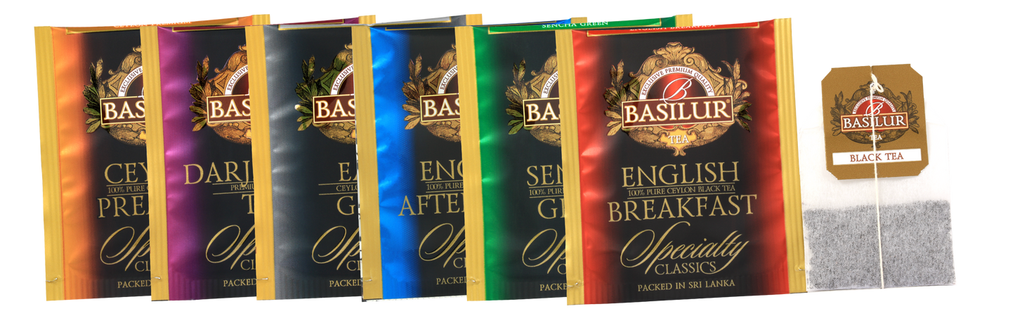 Saszetki herbat Basilur Specialty Classics w różnych kolorach, klasyczne smaki Ceylon, Darjeeling, Green i Breakfast.