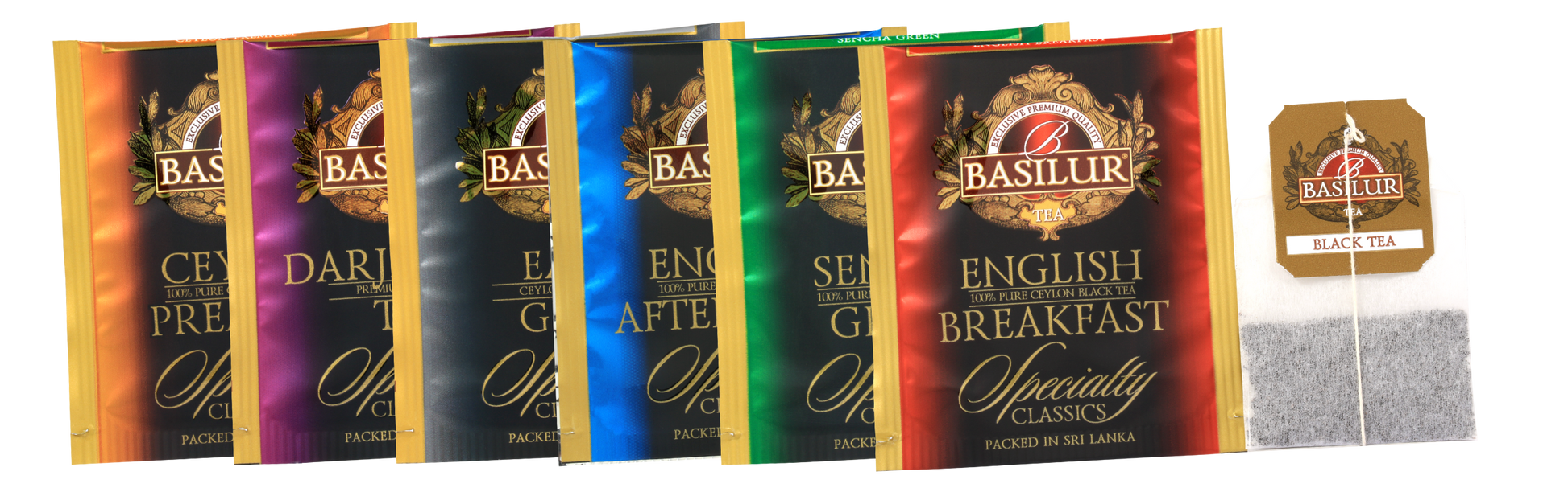 Saszetki herbat Basilur Specialty Classics w różnych kolorach, klasyczne smaki Ceylon, Darjeeling, Green i Breakfast.