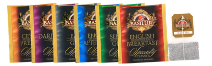 Saszetki herbat Basilur Specialty Classics w różnych kolorach, klasyczne smaki Ceylon, Darjeeling, Green i Breakfast.