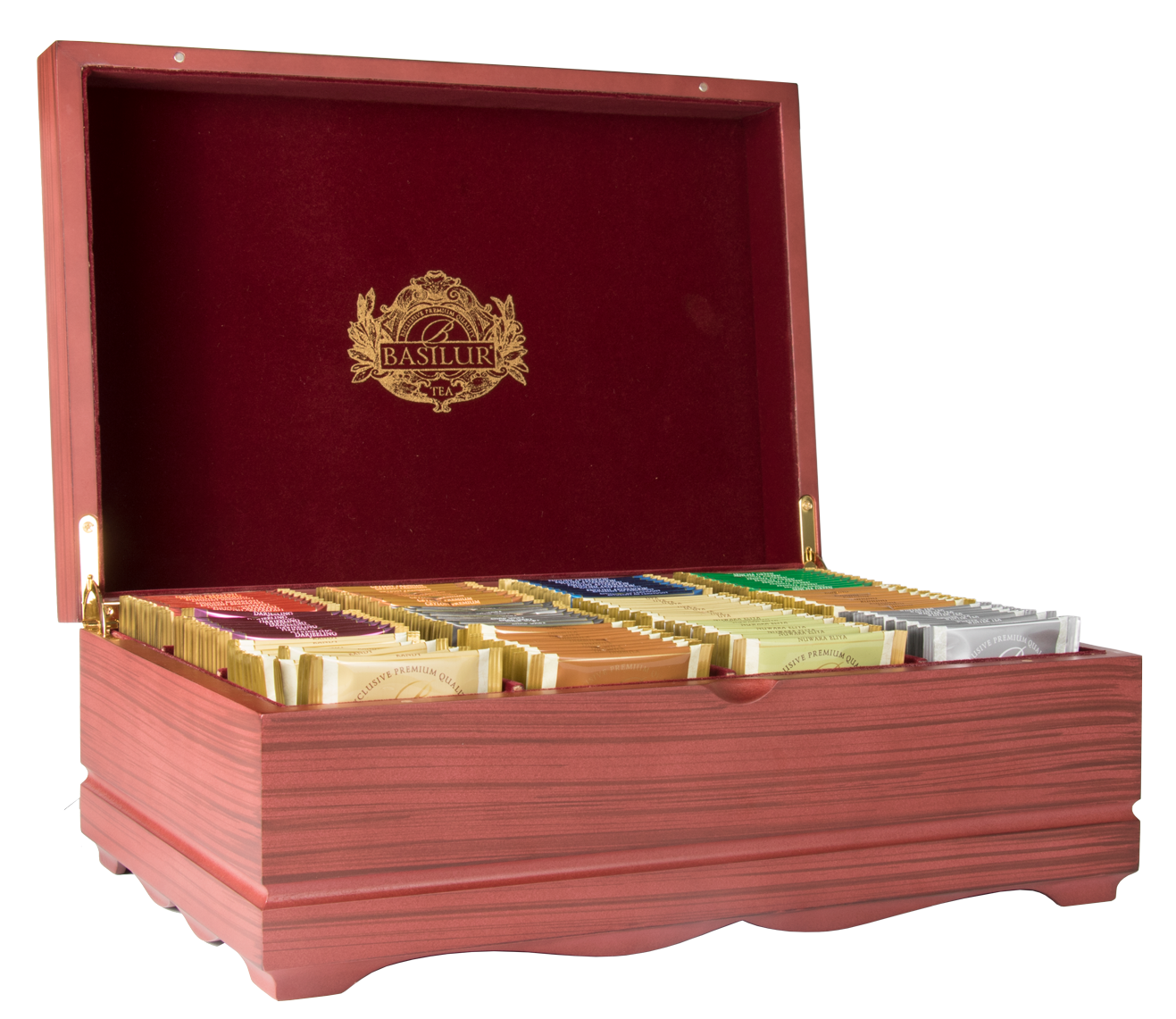 Drewniany ekspozytor Basilur z uporządkowanymi saszetkami herbat w różnych kolorach.