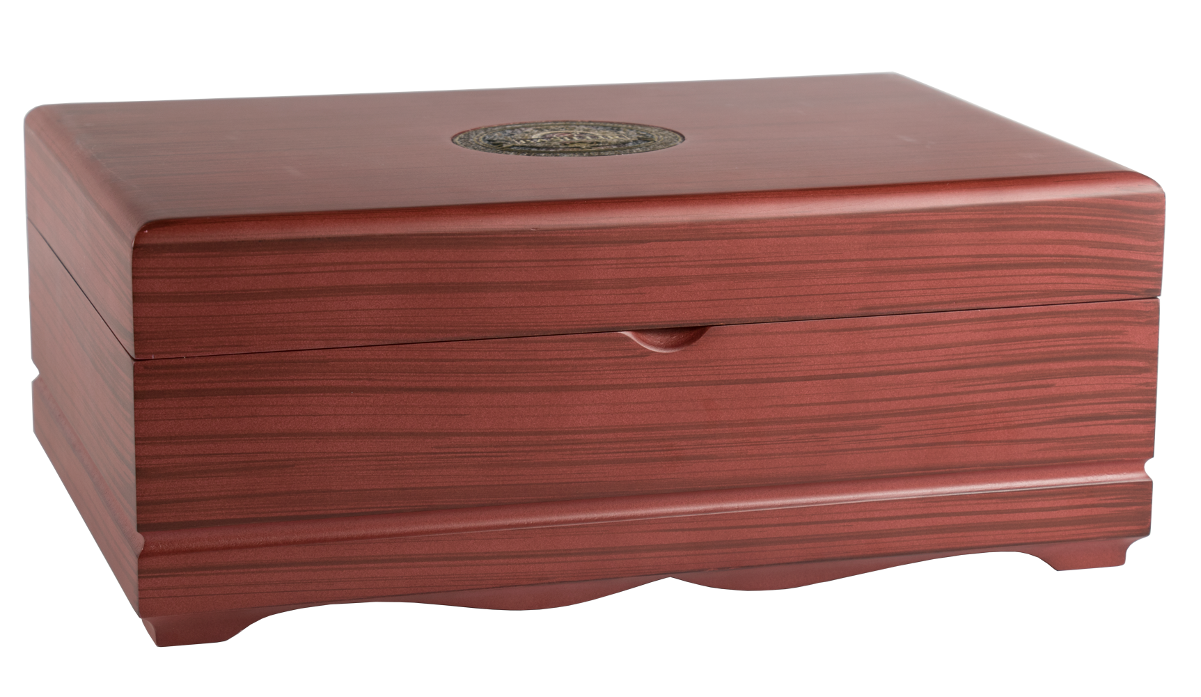 Zamknięty drewniany ekspozytor Basilur ukazujący elegancką skrzynię na herbaty.
