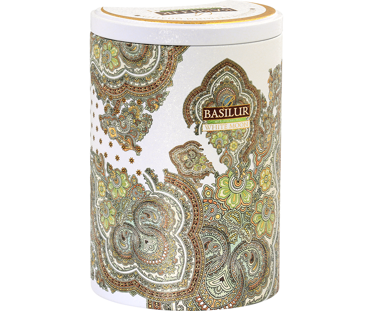 Elegancka puszka Basilur White Moon z orientalnym motywem, herbata oolong.