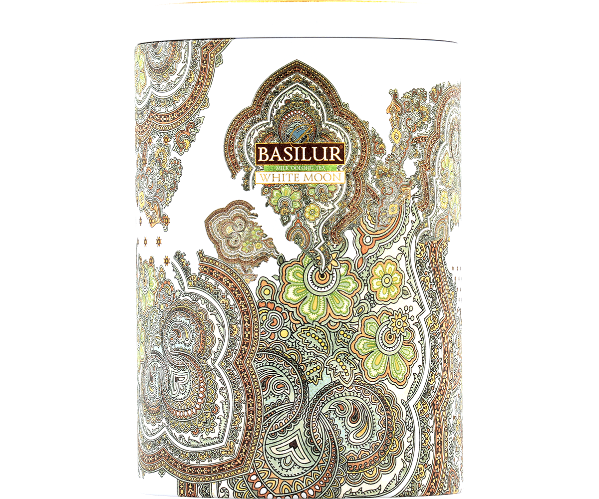 Zbliżenie na wzór puszki Basilur White Moon, luksusowa herbata cejlońska.