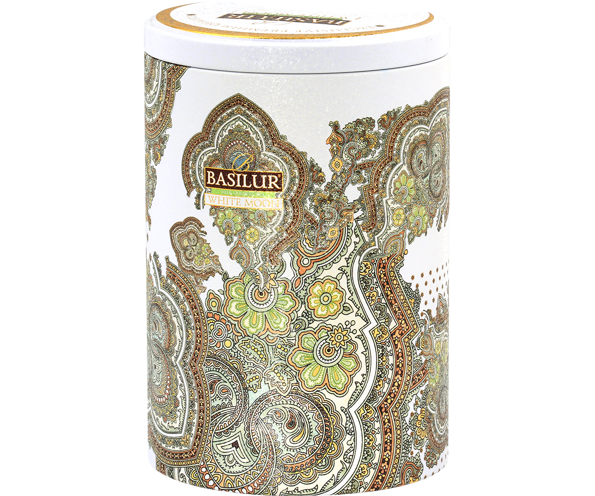 Puszka herbaty Basilur White Moon o orientalnym zdobieniu, herbata oolong.