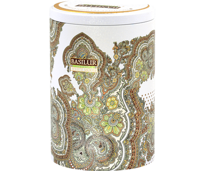 Puszka herbaty Basilur White Moon o orientalnym zdobieniu, herbata oolong.