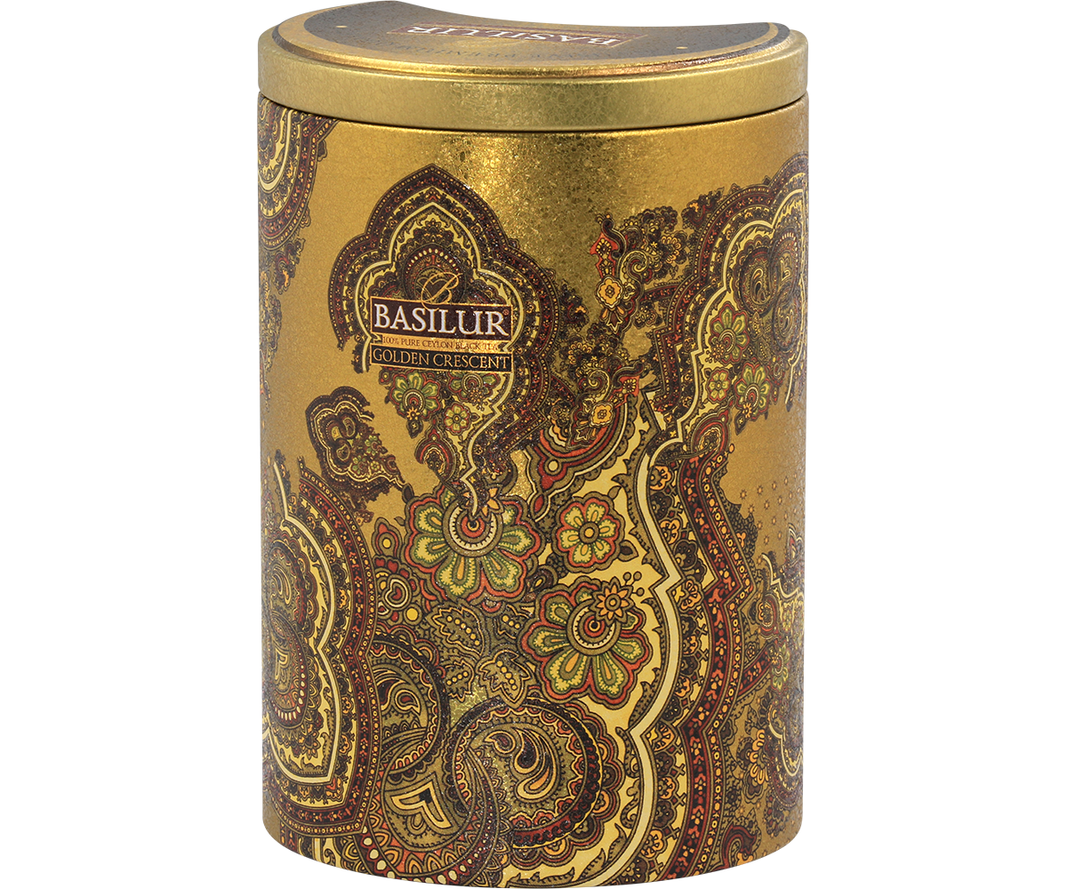 Ekskluzywna puszka Basilur Golden Crescent w eleganckim, błyszczącym wykończeniu.