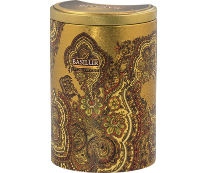 Ekskluzywna puszka Basilur Golden Crescent w eleganckim, błyszczącym wykończeniu.