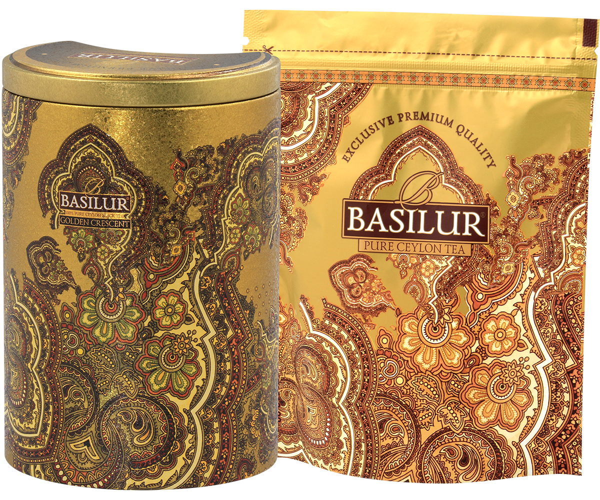 Herbata Basilur Golden Crescent w złotej puszce z dołączonym opakowaniem uzupełniającym.
