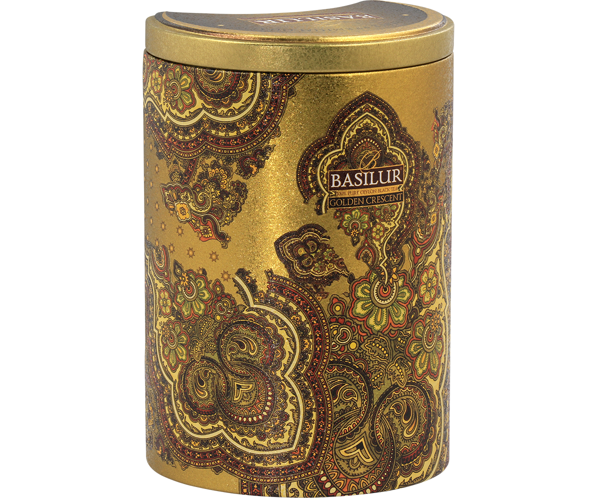 Złota puszka Basilur Golden Crescent widziana z boku z bogatym, orientalnym zdobieniem.