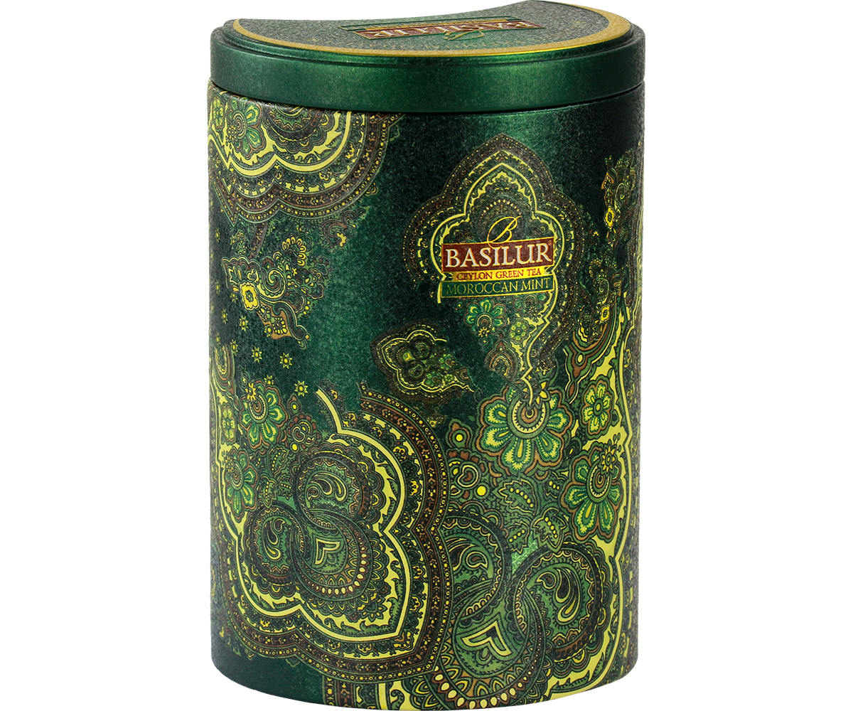 Herbata Basilur Moroccan Mint w eleganckiej, ciemnozielonej puszce.