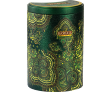 Herbata Basilur Moroccan Mint w eleganckiej, ciemnozielonej puszce.