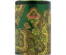 Zbliżenie na zdobienia puszki herbaty Basilur Moroccan Mint.