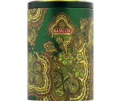 Zbliżenie na zdobienia puszki herbaty Basilur Moroccan Mint.