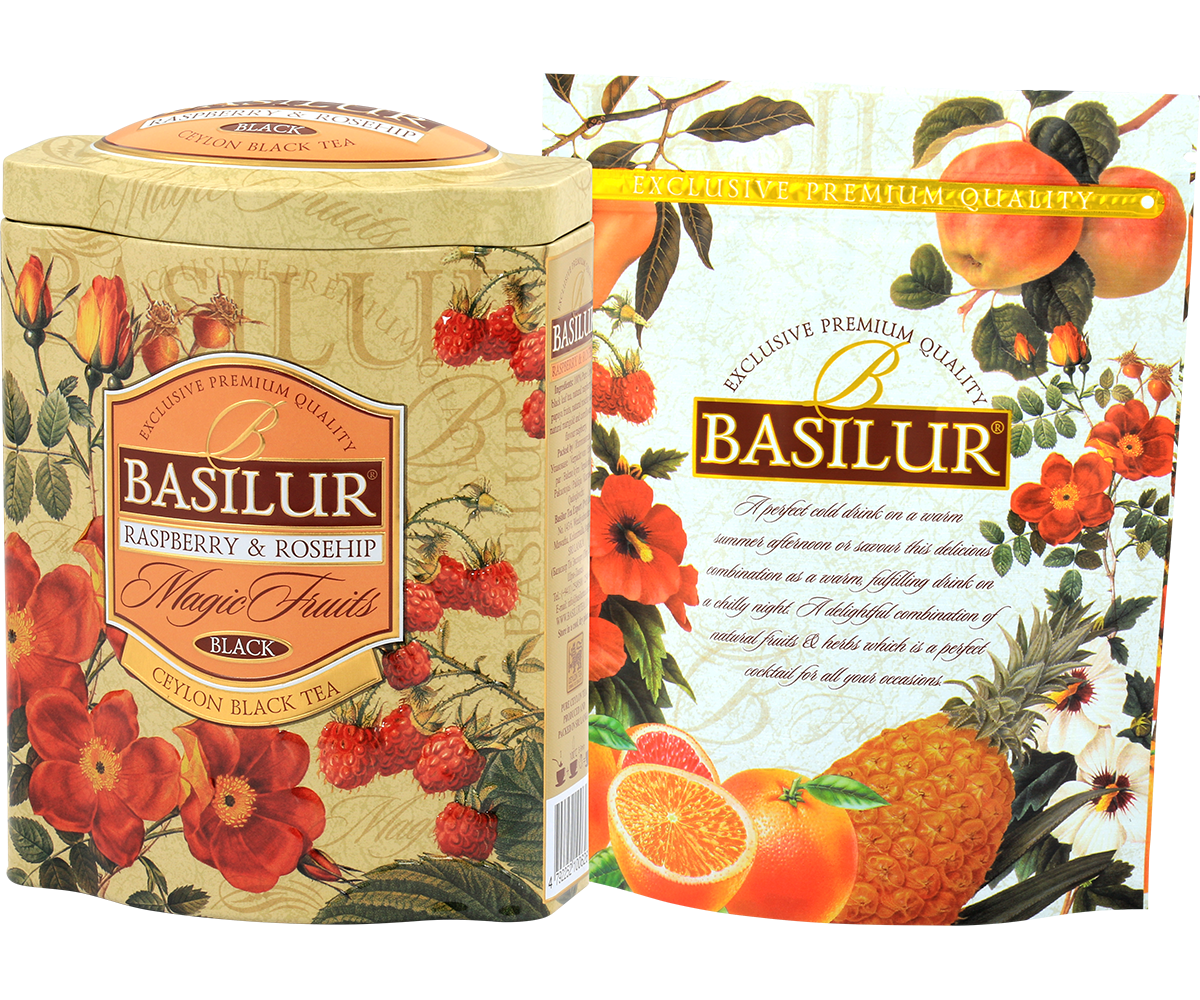 Puszka Basilur Raspberry & Rosehip z kolekcji Magic Fruits – czarna herbata z maliną i dziką różą.