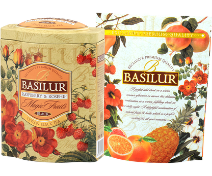 Puszka Basilur Raspberry & Rosehip z kolekcji Magic Fruits – czarna herbata z maliną i dziką różą.