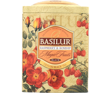 Front puszki Basilur Raspberry & Rosehip z ozdobnym motywem malin i róż.