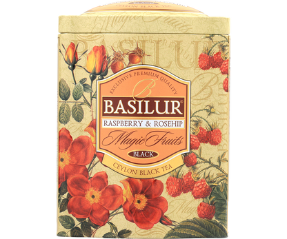 Front puszki Basilur Raspberry & Rosehip z ozdobnym motywem malin i róż.