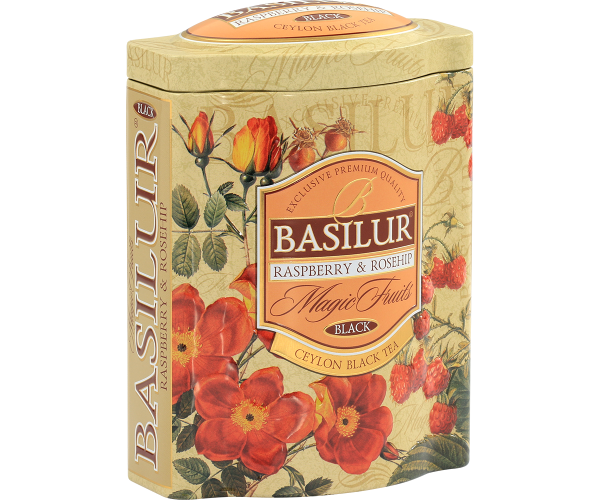 Eleganckie boczne ujęcie puszki Basilur Raspberry & Rosehip.