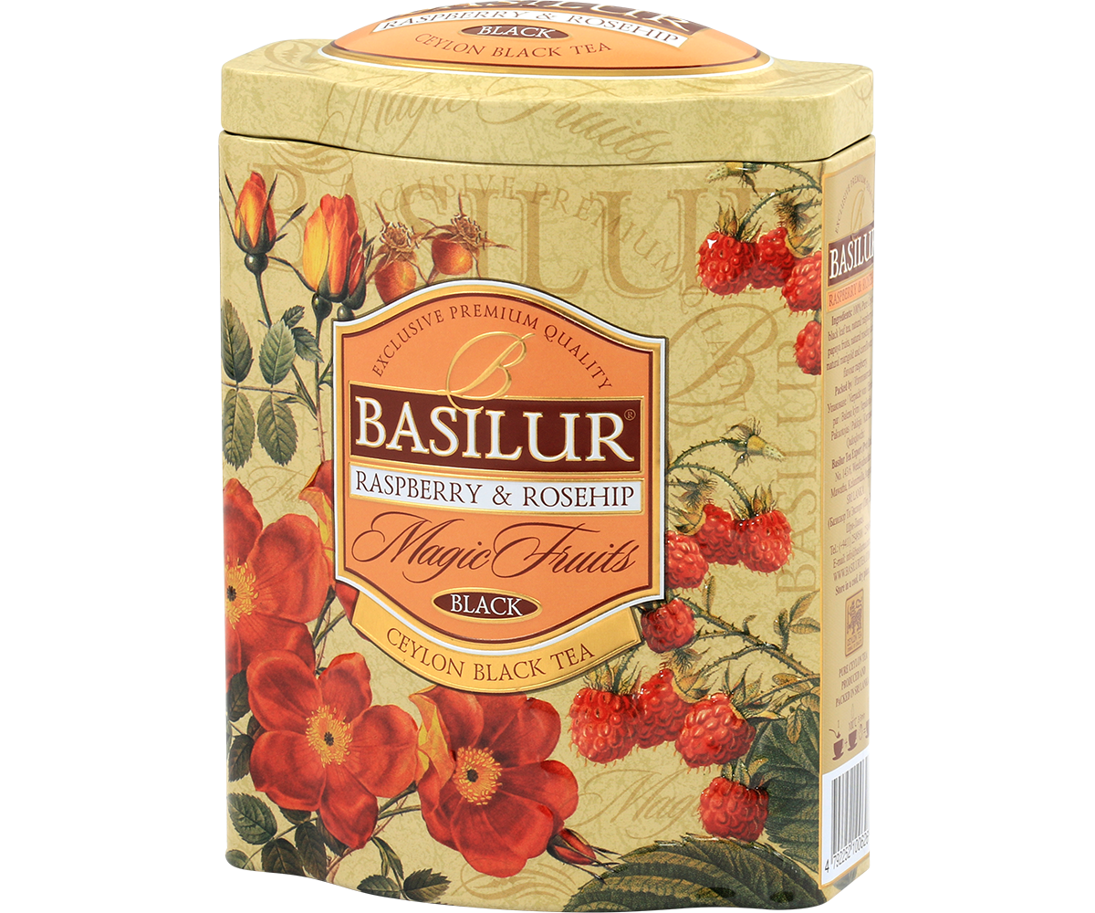 Tył opakowania Basilur Raspberry & Rosehip z opisem produktu i grafiką owoców.