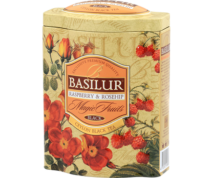 Tył opakowania Basilur Raspberry & Rosehip z opisem produktu i grafiką owoców.