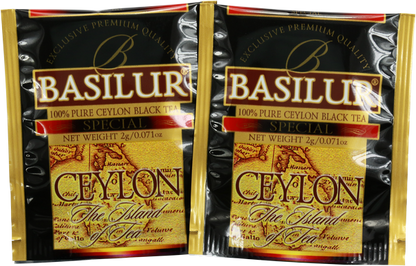 Koperty herbaty Basilur Special Ceylon zapakowane w folię.