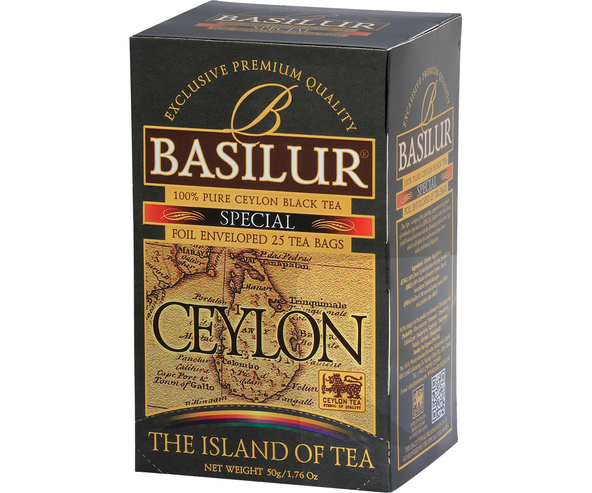 Bok opakowania Basilur Special z informacją o produkcie.