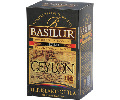 Bok opakowania Basilur Special z informacją o produkcie.