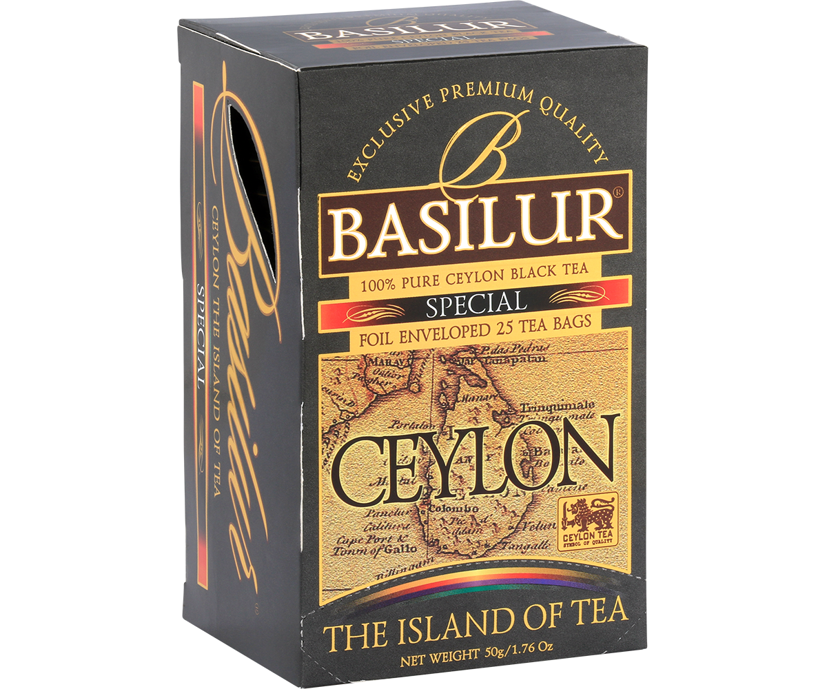Herbata Basilur Special w eleganckim czarno-złotym opakowaniu.
