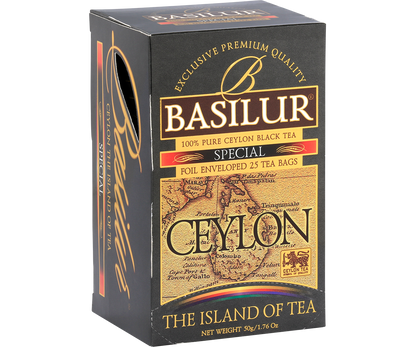 Herbata Basilur Special w eleganckim czarno-złotym opakowaniu.