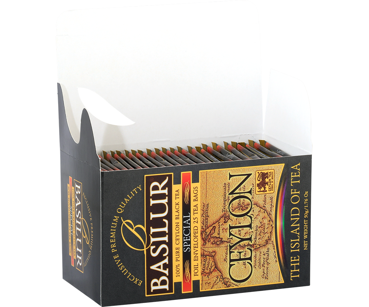 Otwarte pudełko z kopertami herbaty Basilur Special.