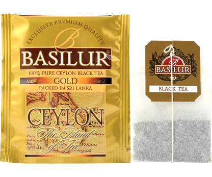 Koperta i torebka herbaty Basilur Gold Ceylon, czarna herbata cejlońska.