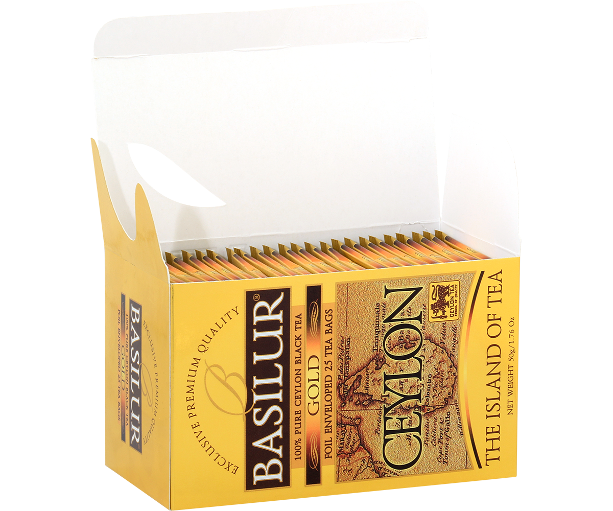 Otwarte pudełko z kopertami herbaty Basilur Gold.