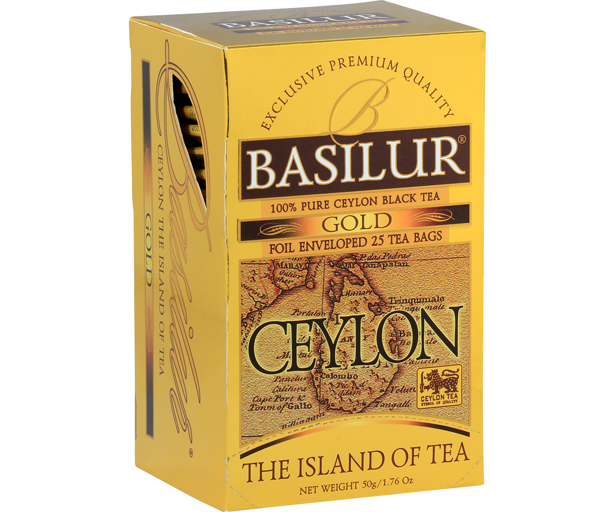 Złote opakowanie herbaty Basilur Gold Ceylon widziane z przodu.