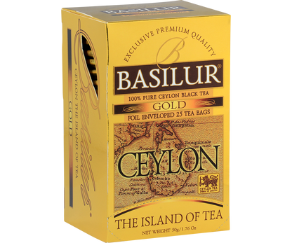 Złote opakowanie herbaty Basilur Gold Ceylon widziane z przodu.