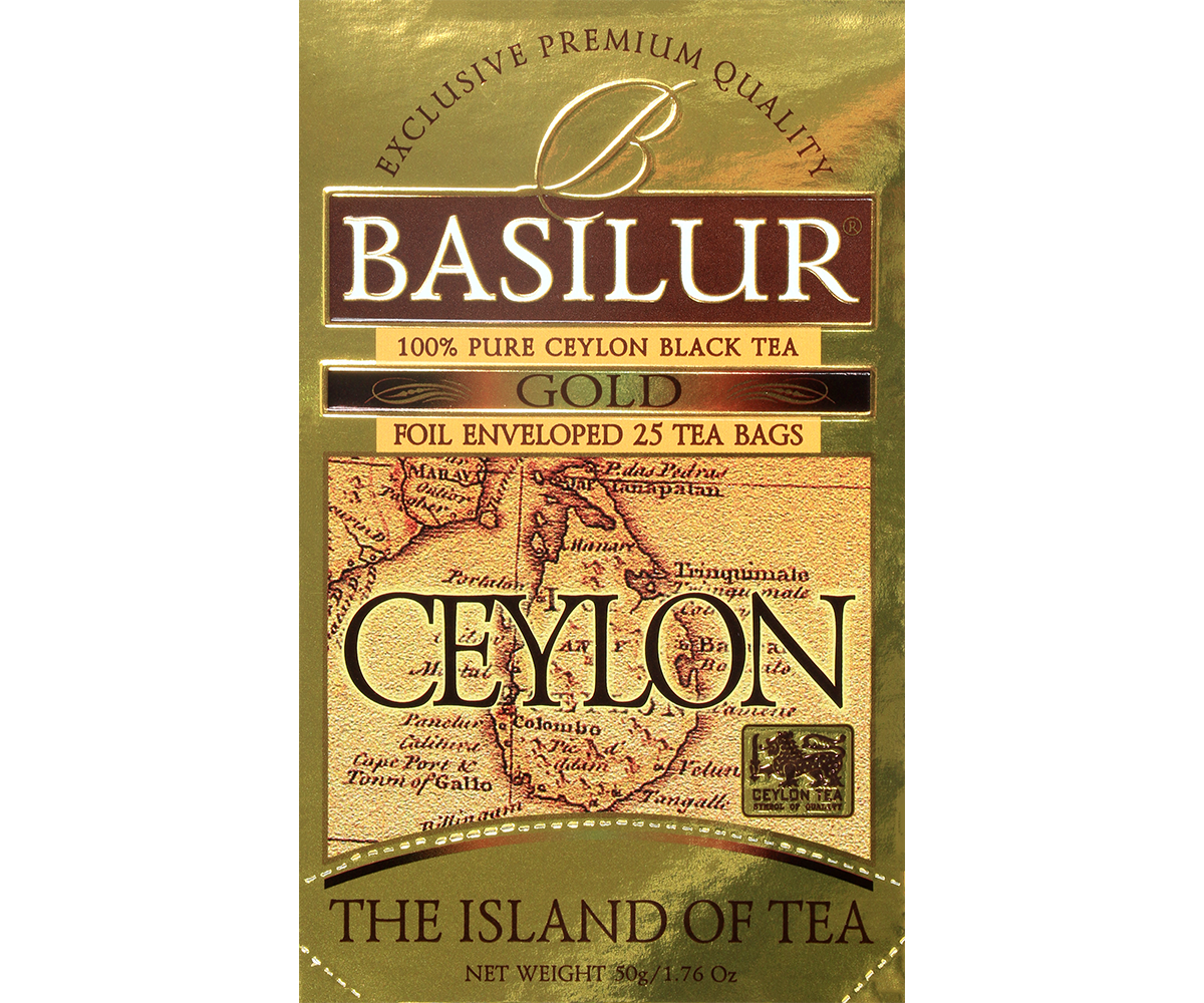 Herbata Basilur Gold w błyszczącym złotym opakowaniu.
