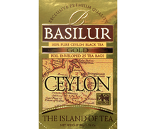 Herbata Basilur Gold w błyszczącym złotym opakowaniu.