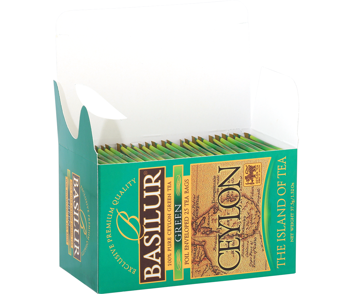 Otwarte pudełko Basilur Green Ceylon z torebkami herbaty w foliowych kopertach.