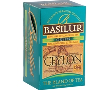 Bok pudełka Basilur Green Ceylon z eleganckim, złoto-zielonym wzorem.