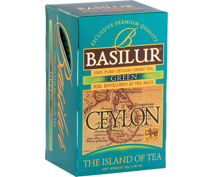 Bok pudełka Basilur Green Ceylon z eleganckim, złoto-zielonym wzorem.