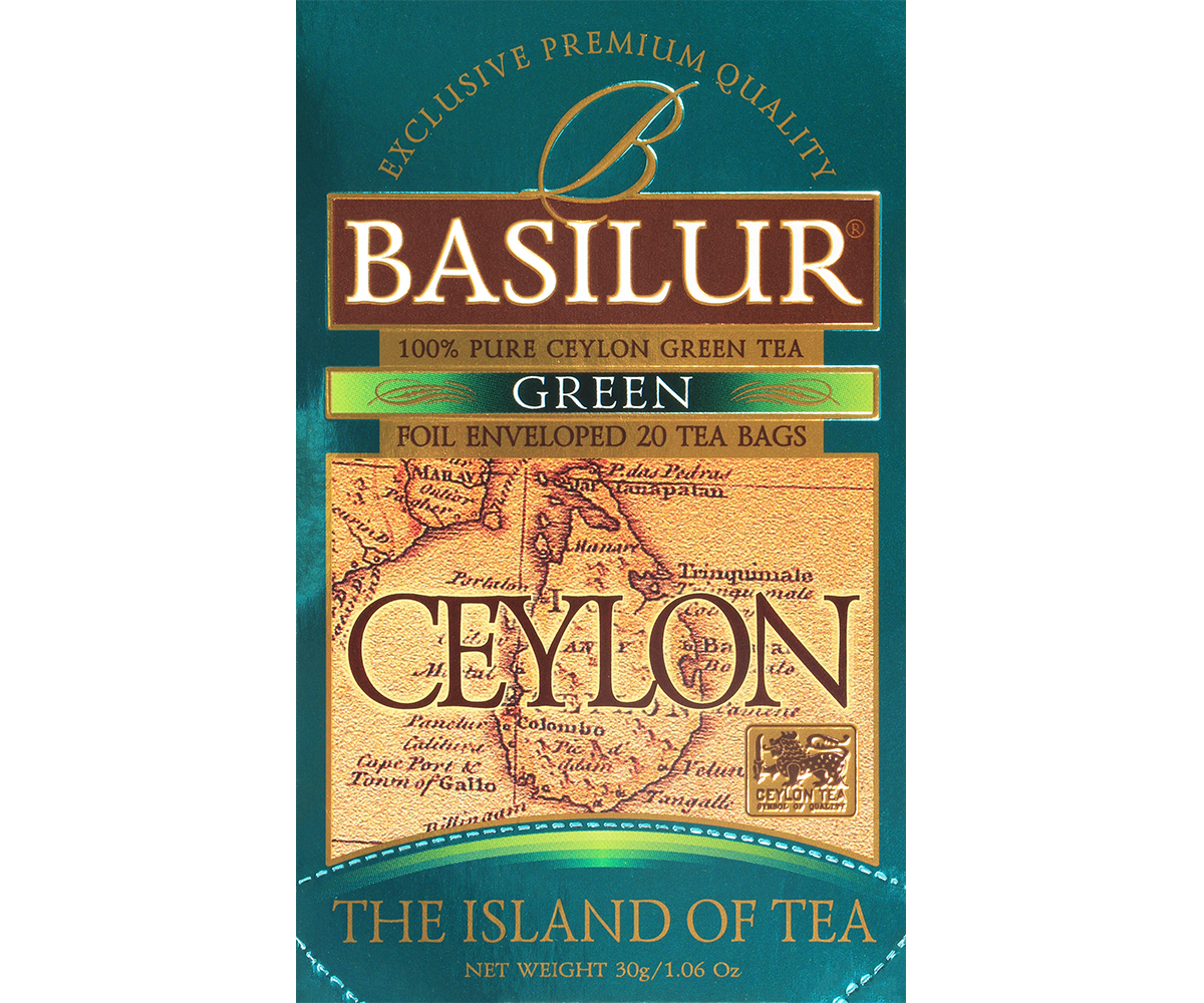 Opakowanie herbaty Basilur Green Ceylon – klasyczna zielona herbata w kopertach.
