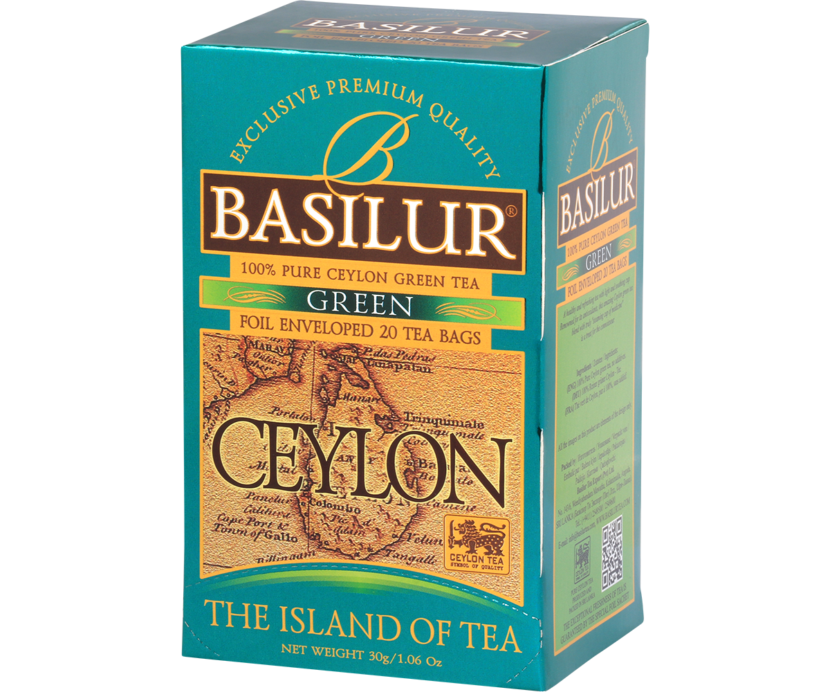 Herbata Basilur Green Ceylon – pudełko z mapą Cejlonu i zielonym akcentem.