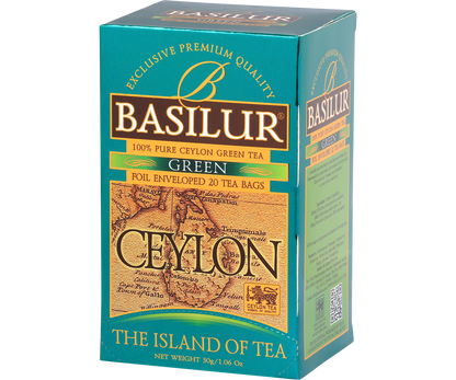 Herbata Basilur Green Ceylon – pudełko z mapą Cejlonu i zielonym akcentem.