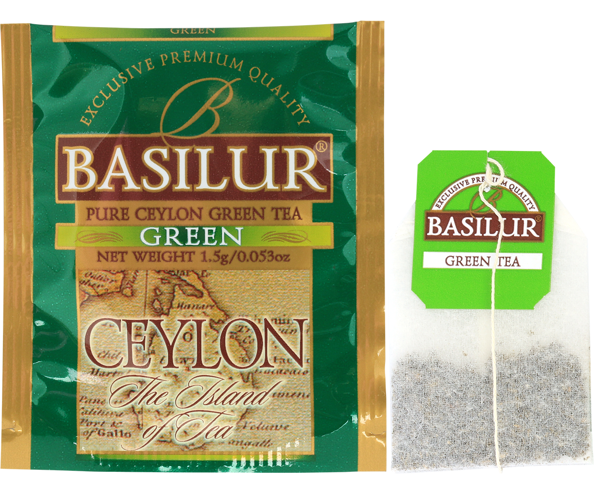 Saszetka i torebka z herbatą Basilur Green Ceylon – zielona herbata cejlońska.