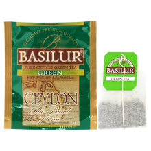 Saszetka i torebka z herbatą Basilur Green Ceylon – zielona herbata cejlońska.