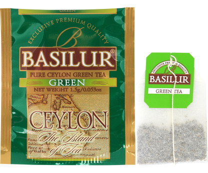 Saszetka i torebka z herbatą Basilur Green Ceylon – zielona herbata cejlońska.